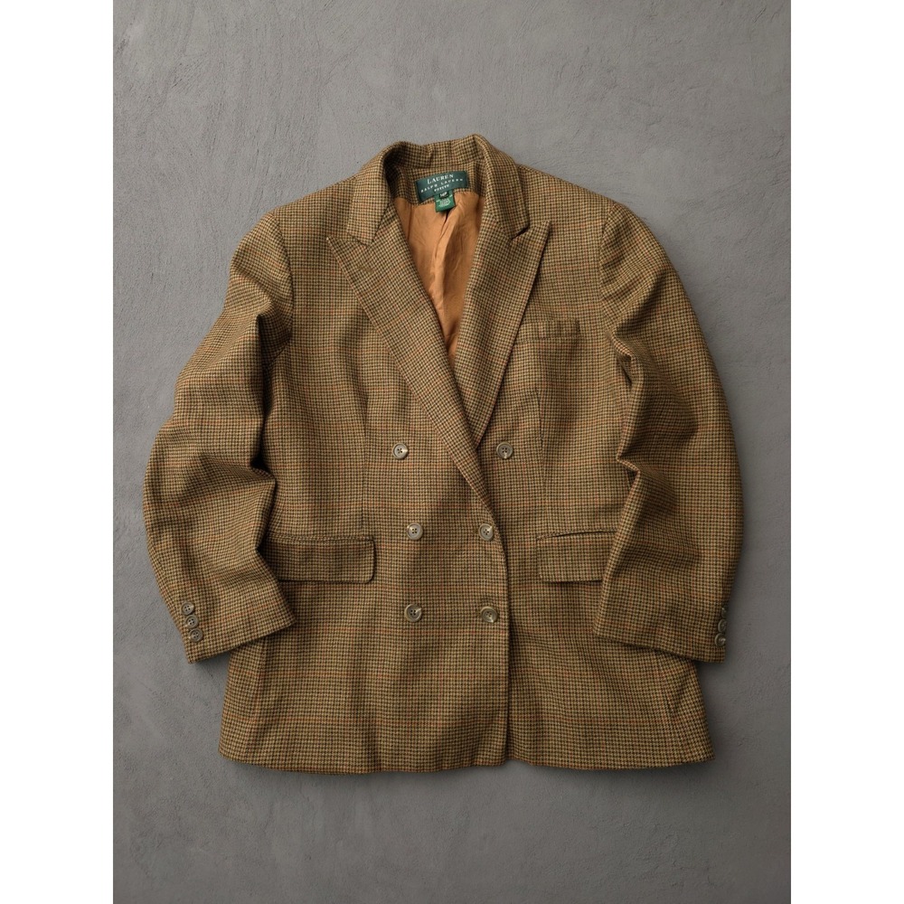 Vintage Lauren Ralph Lauren Beige Brown Houndstooth Check Blazer Jacket DB 14P